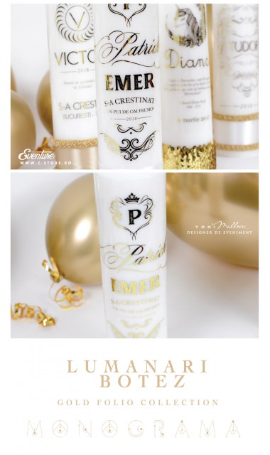 Lumanare de botez personalizata, print folio gold, 30x8cm, Luxury 2